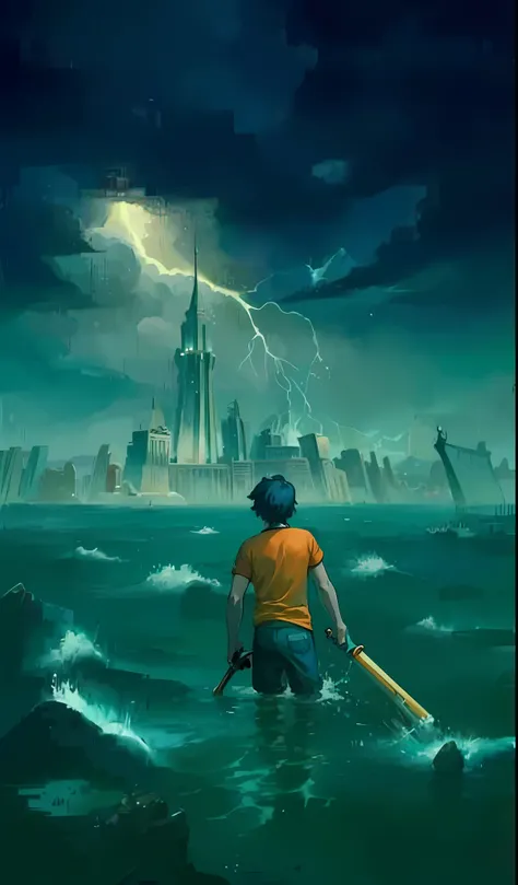 a painting of a boy in a red shirt is standing in the water, percy jackson, the sea and storms behind him, the city of atlantis,...