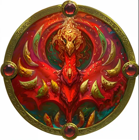 a circular painting of a red dragon with gold accents, nicol bolas, dragon centered, tiamat, holy fire spell art, style of magic...