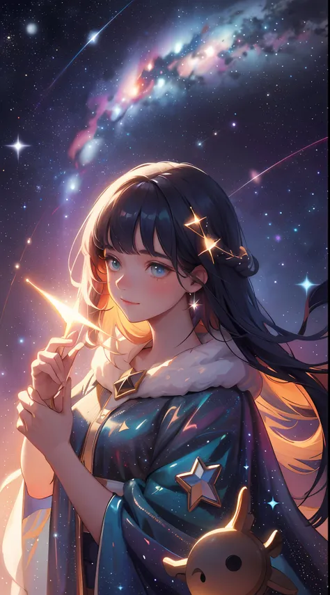 high detail, super detail, super high resolution, girl enjoying her time in the dreamy galaxy, surrounded by stars, warm light s...