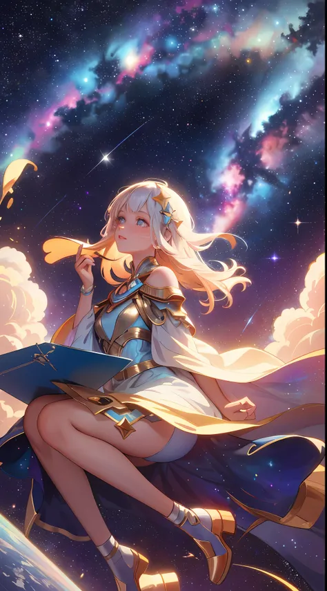 high detail, super detail, super high resolution, girl enjoying her time in the dreamy galaxy, surrounded by stars, warm light s...