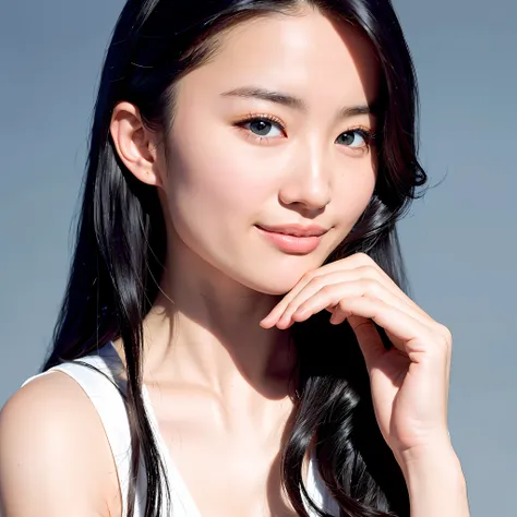 A beautiful 20-year-old Chinese girl with long black hair, charming big eyes, oval face, smiling warmly at the camera. She wears a simple white shirt, her skin is flawless white, rich in texture, telling the vitality of youth. This photo, taken by the Hass...