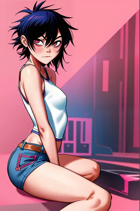 noodle (gorillaz), masterpiece, best quality, 1girl, solo, hair between eyes, thighs, blush, medium hair, looking at the viewer,...