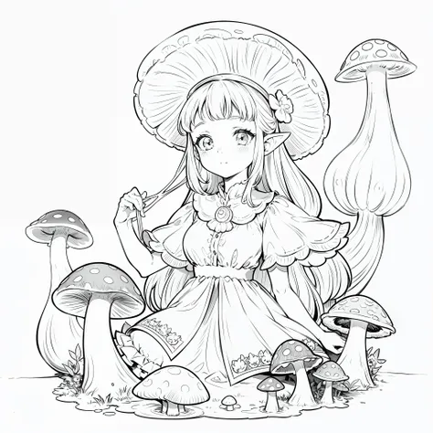 (a cute forest fairy), mushroom fairy, (playful, funny facial expression), lineart, outline, black and white perfect for a color...