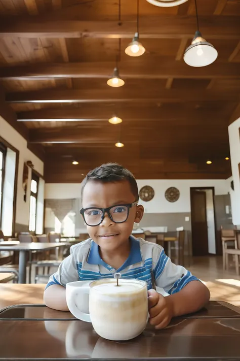 guttonerdvision5, a 3-year-old boy wearing glasses, detailed face, on a coffee table, ((coffee cup)), glass with milk, ((French press)), rustic wooden table, ((cafeteria environment with amazing details), ambient light, ceiling with sandblasted glass tiles...