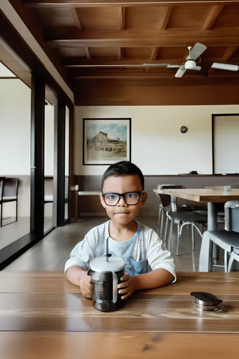 guttonerdvision5, a 3-year-old boy wearing glasses, detailed face, on a coffee table, ((coffee cup)), glass with milk, ((French press)), rustic wooden table, ((cafeteria environment with amazing details), ambient light, ceiling with sandblasted glass tiles...