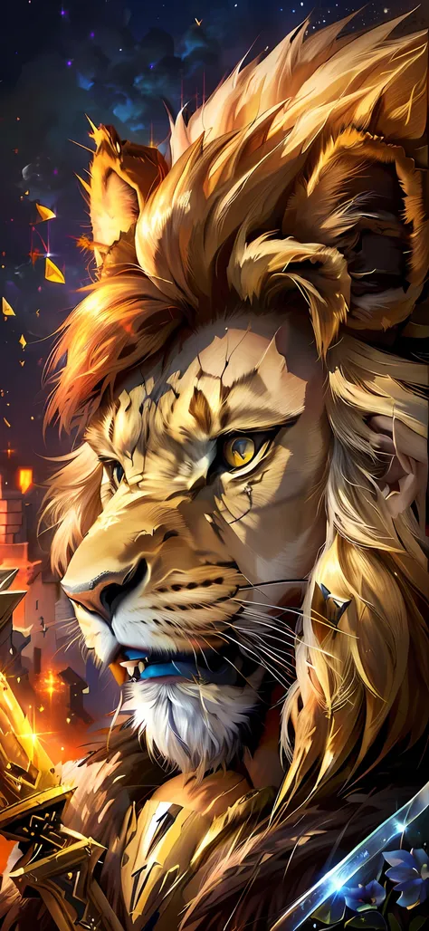 a close up of a lion with a sword and a sword, fire lion, lion warrior, half lion, aslan the lion, fierce expression 4k, lion he...