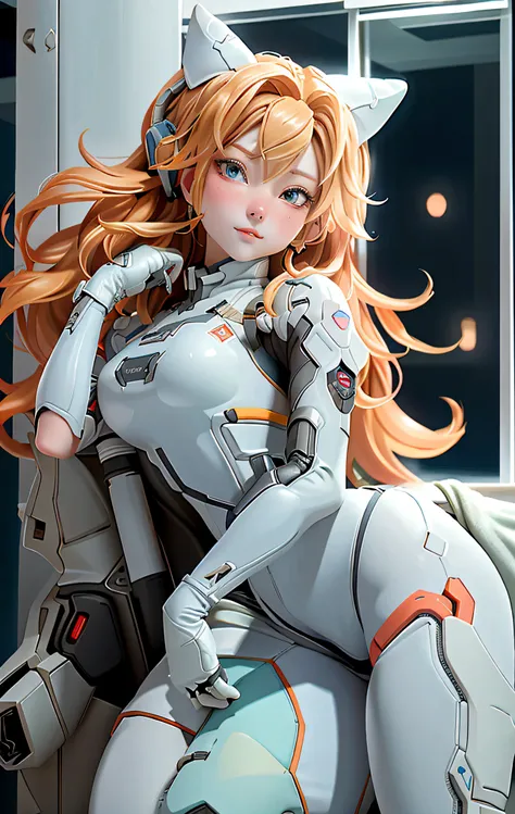 (Overhead view),dynamic angle,ultra-detailed, illustration, close-up, straight on, 1girl, ((souryuu asuka langley, interface headset, red bodysuit:1.4, blonde)),Her eyes shone like dreamy stars,(glowing eyes:1.233),(beautiful and detailed eyes:1.1),(expres...