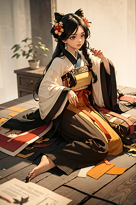 masterpiece, best quality, hanfukozue, 1girl, black hair, bug, butterfly, barefoot, solo, hair ornament, sitting, hanfu, chinese...