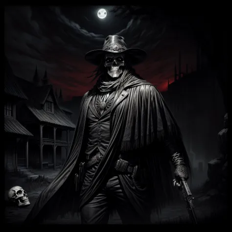 dark country album cover, with a skull-faced man in the moonlight holding an art-style pistol of engraving, monochrome, cool col...