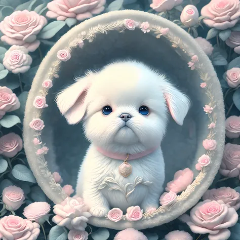 in this ultra-detailed cg art, the adorable puppy surrounded by ethereal roses, best quality, high resolution, intricate details...