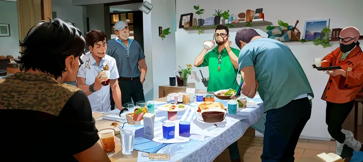 several people standing around a table with food and drinks, celebration of coffee products, the table is full of food, exclusiv...