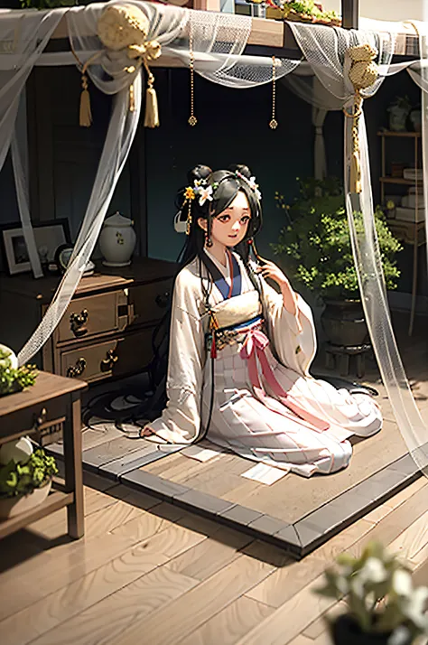 masterpiece, best quality, hanfukozue, 1girl, black hair, bug, butterfly, barefoot, solo, hair ornament, sitting, hanfu, chinese...