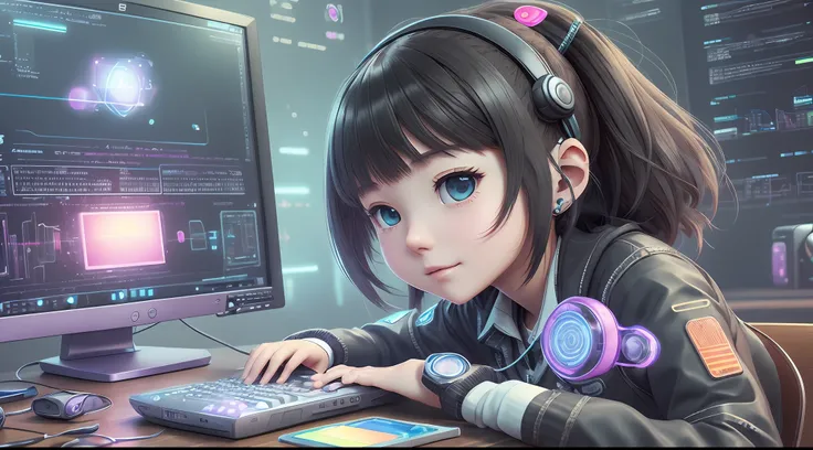 a trendy girl sitting in front of computer monitor with mouse, expression happy, advertising pictures, fix website, weibo, trend...