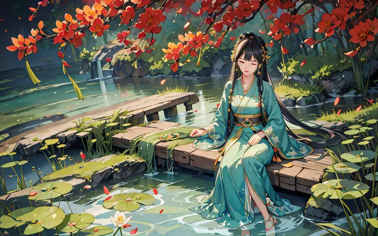 dark green hanfu, a woman, cool, fair skin, sea of flowers, pond, petals floating on the water, lily, clavicle, eyes closed, hal...