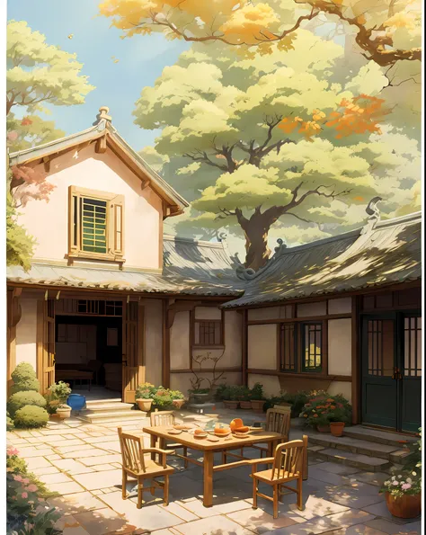 draw a courtyard with tables and chairs and a tree, chinese courtyard, the structure of the house is simple in chinese, warm lat...