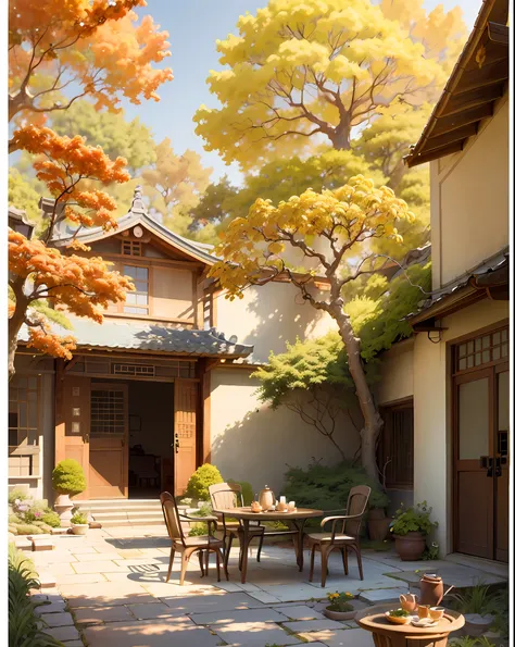 draw a courtyard with tables and chairs and a tree, chinese courtyard, the structure of the house is simple in chinese, warm lat...