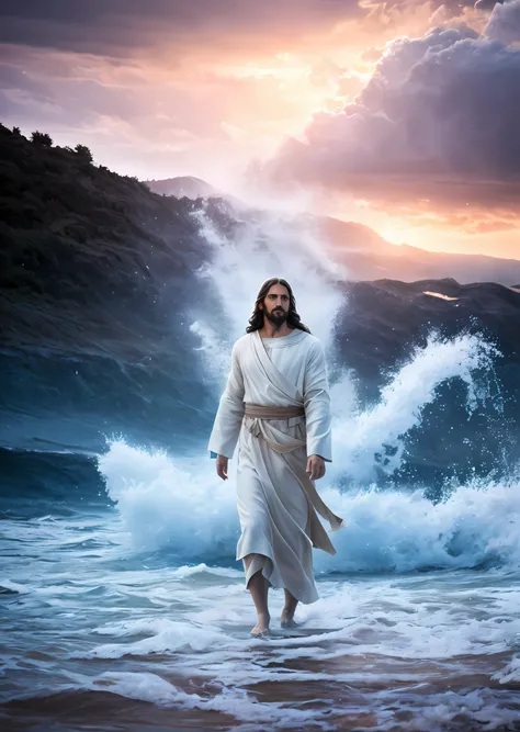Jesus walking on water in a storm, gentle expression, streaks of light coming down from the sky, masterpiece, highest quality, high quality, highly detailed CG unit 8k wallpaper, award-winning photos, bokeh, depth of field, HDR, bloom, chromatic aberration...