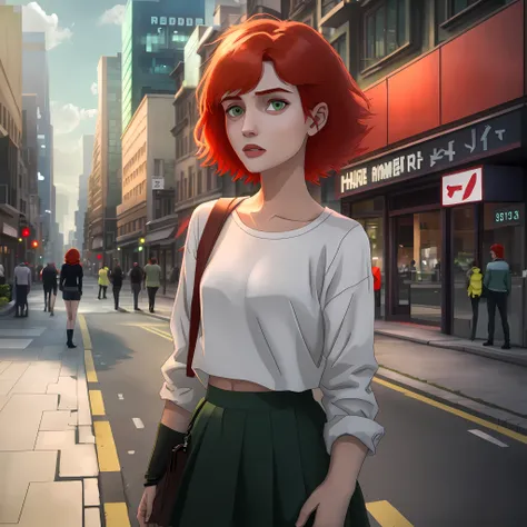 red-haired girl standing in the middle of town, short hair, red hair, long-sleeved shirt, green skirt, green eyes, young girl, y...