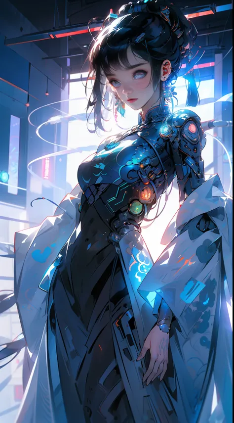 ((cyberpunk style, robotic arm, holographic aura, surreal sci-fi art, futuristic sci-fi aesthetics)), 1 girl solo, close-up, (be...