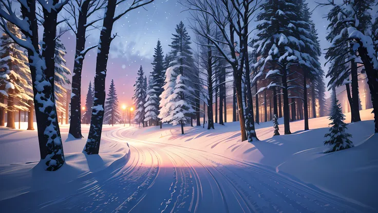 realistic, photo, snow, night, snow road, high resolution, real, tree, bloom, cinematic lighting, sky