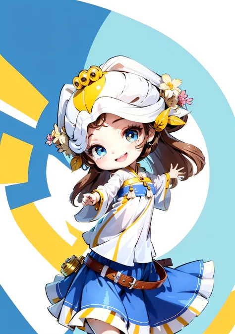 A cute cartoon girl, she is laughing heartily, the headdress is white, the belt is yellow, the clothes are white and yellow, the hair is dark brown, dancing, the eyes are blue, the eyes are shining, the background is blank, the line art