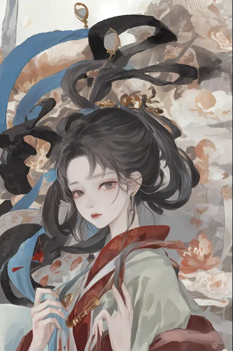 An ancient Chinese beauty sitting on a stone, wearing ancient Chinese clothing, flowing tulle, light silk, lazy posture, large lotus leaf, lotus, ink painting style, clean color, decisive cutting, blank, freehand, masterpiece, super detailed, epic composit...