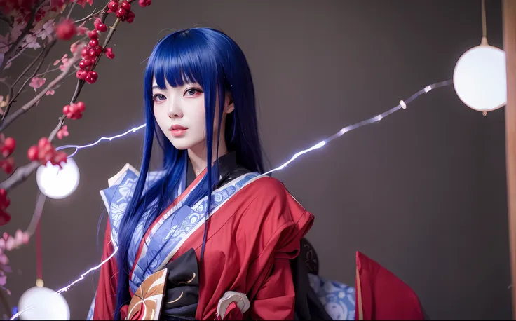 a beautiful japanese woman with red eyes and blue hair