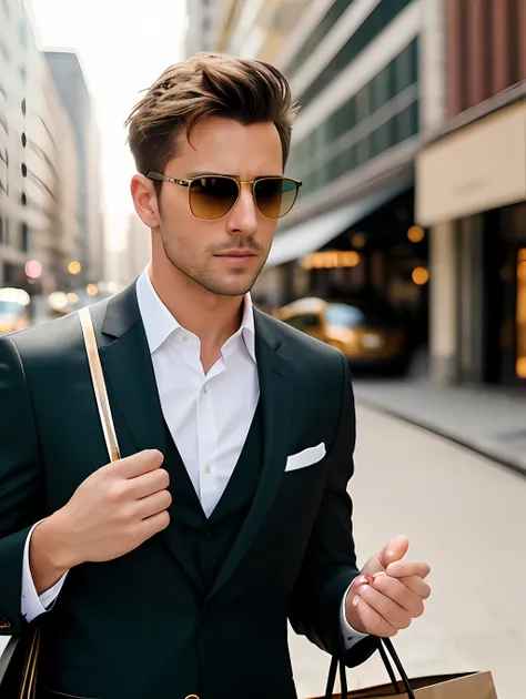 photo of an insanely handsome man, green eyes, short messy windy light brown hair, closeup zoomed in tight crop portrait, walking down a (street on a big city scene people shops cars:1.2) wearing a (sunglasses and a black suit:1.3) (shopping bags on his ha...