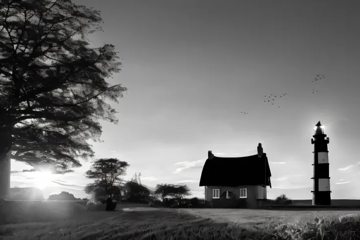 by (((phse))), wide angle black and white photo on  kodak t-max  film, (light house:1.2) on an island, (log roof:1.4),hailing, s...