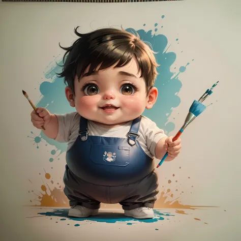 little fat boy with a paintbrush drawing, cute, happy expression, --auto --s2