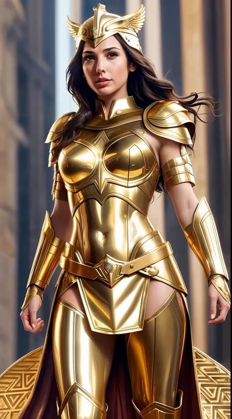 gal gadot, (perfect anatomy), (perfect face and eyes) (undeformed eyes) golden goddess athena, armor covers the whole body, full...