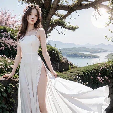 (an elegant and beautiful) woman with (long and delicate wavy hair) in a (form-fitting) white (sun) dress stands tall. she wears...