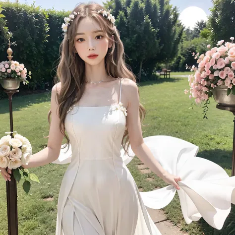 (an elegant and beautiful) woman with (long and delicate wavy hair) in a (form-fitting) white (sun) dress stands tall. she wears...