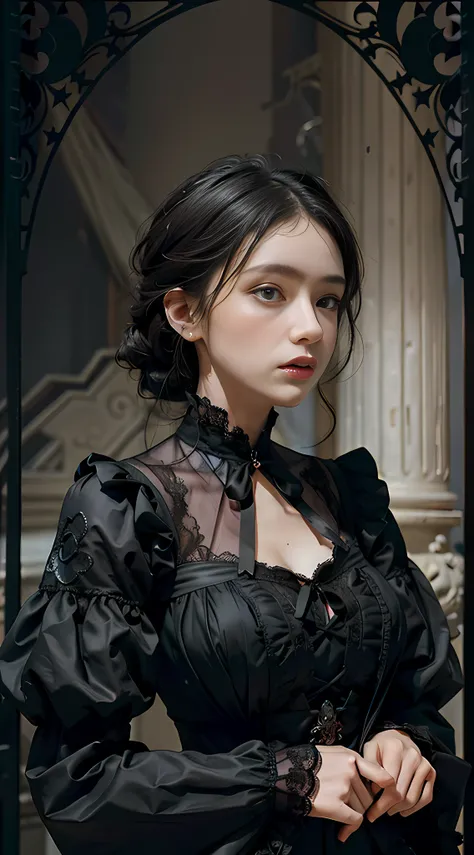 Official Art, Unity 8k wallpaper, ultra-detailed, beautiful, beautiful, masterpiece, best quality, dark, atmospheric, mystical, romantic, creepy, literature, art, fashion, victorian, decoration, intricate, ironwork, lace, contemplative, emotional depth, su...