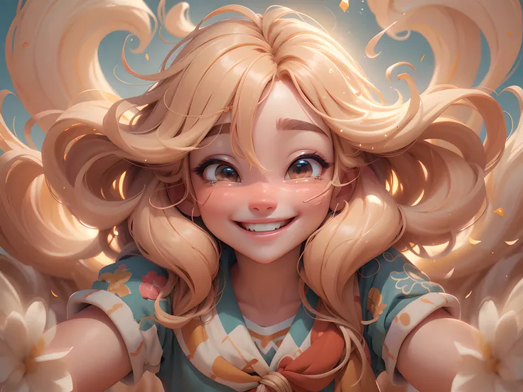 Best quality, masterpiece, high resolution, (vibrant and joyful:1.4), photo, 1girl, beaming smile, (sparkling eyes), flowing golden hair, (warm sunlight:1.3), (playful shadows), rosy cheeks, (bright and cheerful atmosphere), (carefree expression), (energet...