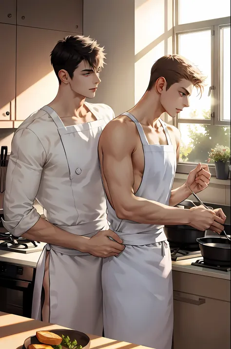 high image quality, two beautiful men, delicate eyes, thin muscular, tall, random hairstyle, rough clothes, kitchen, cooking, lo...