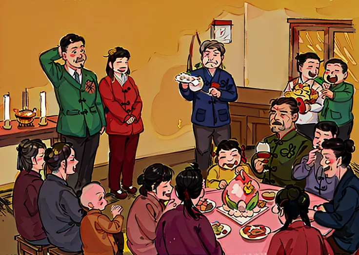 there are many people sitting around a table eating food, gta chinatowon art style, mapo tofu cartoon, xi jinping as winnie the ...