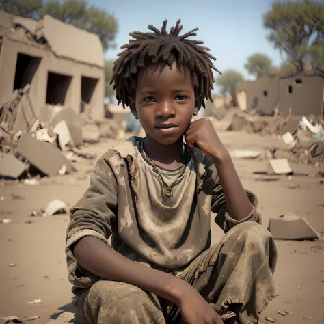 The African boy is sitting in an empty field, surrounded by rubble and debris from destroyed structures. He is wearing torn and dirty clothes, and carries a tired and sad expression on his face. In his right hand, he holds a rusty gun, while in his left ha...