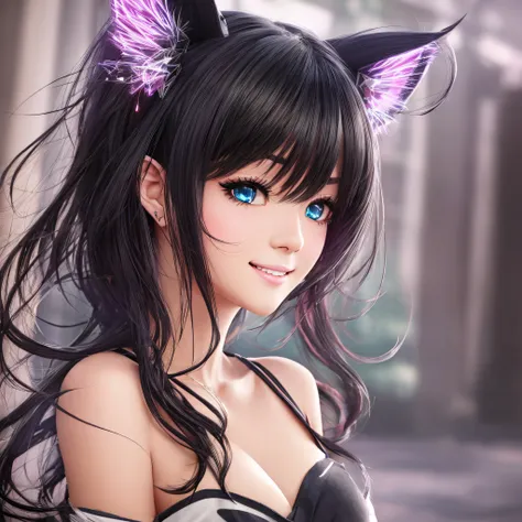 black hair, hair bobbles, wince, longeyelashes, solid circle eyes, fake animal ears, light smile, ear blush, fang, drop shadow, anaglyph, stereogram, tachi-e, pov, atmospheric perspective, ray tracing, 8k, super detail, ccurate, best quality, high quality,...