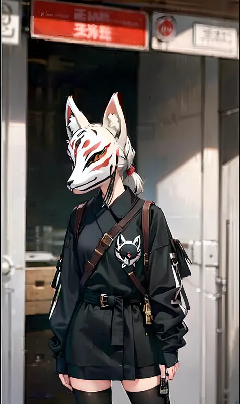 fox mask person wearing fox mask on face, black briefskirt, white shirt