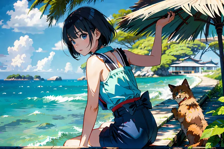 depth of field,
break,
(1 girl, solo:1.2),solo focus,
anime,solo focus,outdoors,:3,ocean,japanese scene,village,summer sky,