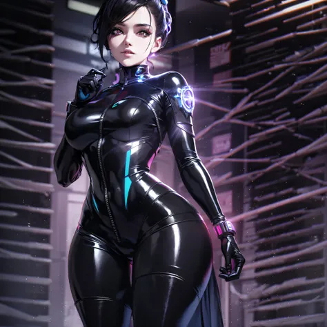 a close up of a woman in a black suit with a sword, cybersuit, cyber suit, female cyberpunk anime girl, wlop glossy skin, cute c...