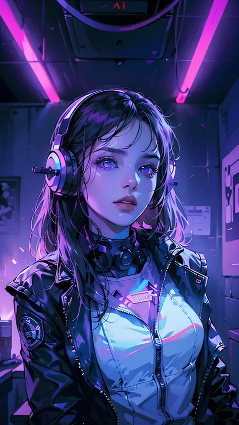 ((best quality)), ((masterpiece)), (very detailed: 1.3), dark room, beautiful cyberpunk woman, wearing headphones, dynamic compo...