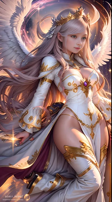 Hello, IA! Please create a creature of light, a beautiful angel of light, a magical spirit of light, is a character full of justice and divine power, she is usually depicted as a beautiful female angel with a pair of white wings and long hair, wearing a br...