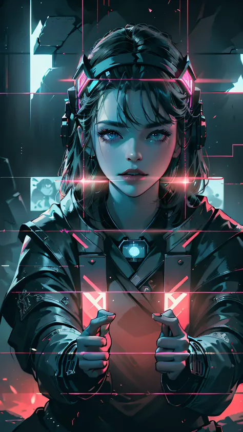 ((best quality)), ((masterpiece)), (very detailed: 1.3), dark room, neon noir, beautiful cyberpunk woman, (wearing a chunky high...