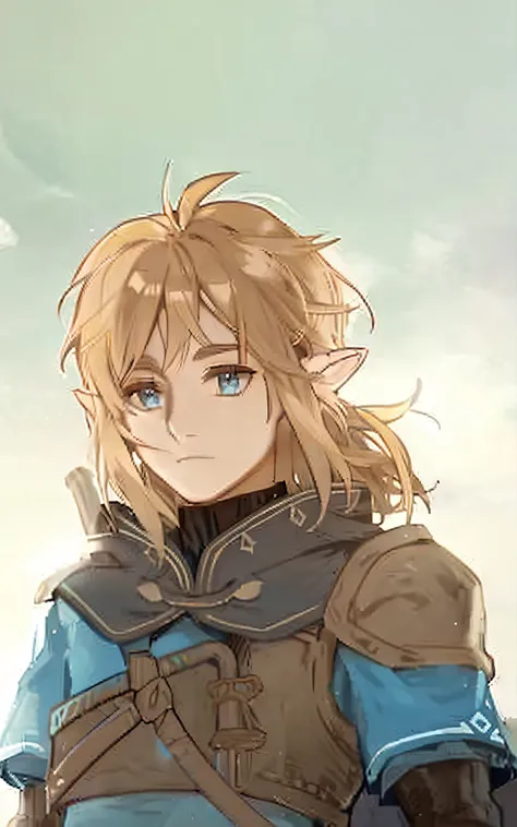 a close up of a person with a sword in a field, zelda botw, botw style, botw, female protagonist 👀 :8, female protagonist, portr...