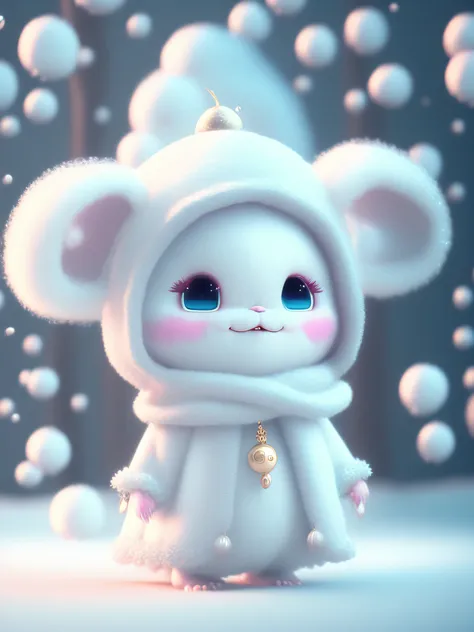 drifting snowplum blossom falls, a super cute baby pixar style white fairy chinese dragon standing beside a white flowing gauze ...