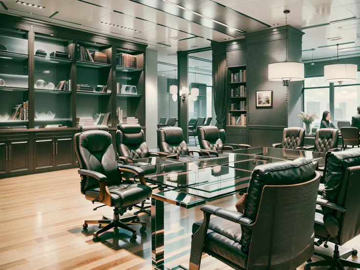 the law firm features contemporary design furniture, including armchairs upholstered in black and gray leather, tempered glass c...