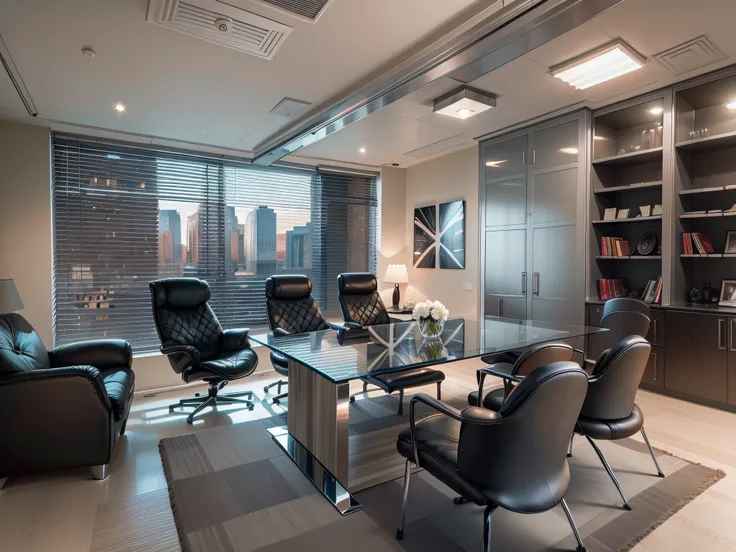 the law firm features contemporary design furniture, including armchairs upholstered in black and gray leather, tempered glass c...