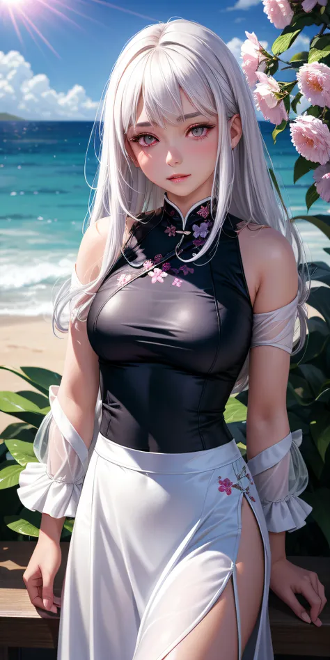 realistic, 1girl, white hair, purple eyes, glowing eyes, cropped top, skirt, parted lips, blush, night, flowers, sun, sunlight, ...